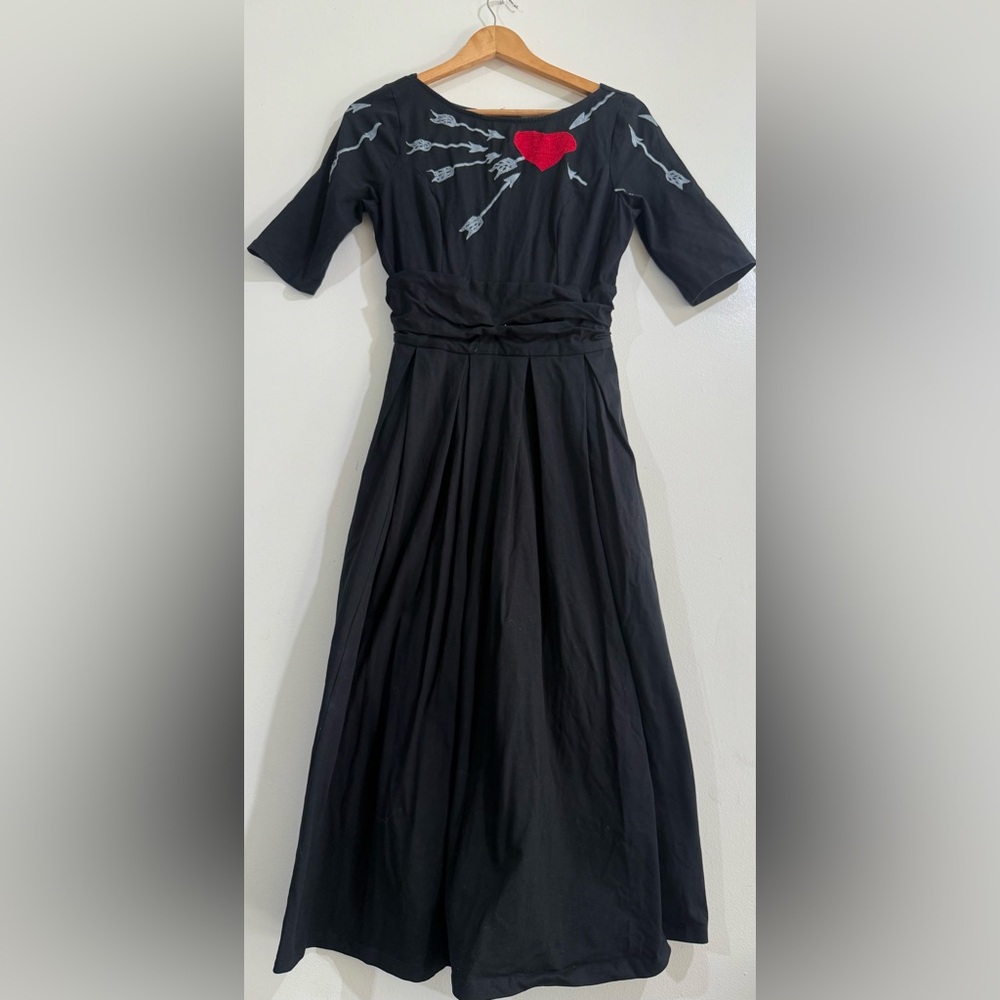 Wayward Fancies Black Maxi Dress with Red Heart Embroidery by